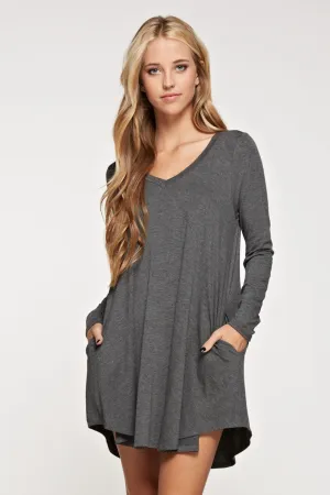 Comfy V-neck long sleeve solid dress with side pockets