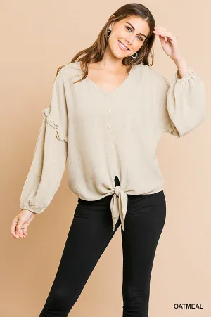 Linen blend long puff sleeve button front V-neck top with center knot and ruffle details