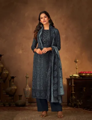 Pure Pashmina Printed Blue Winter Unstitched Salwar Suit