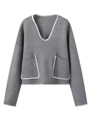 TEEK - Grey Double Pocket Knit V-Neck Sweater